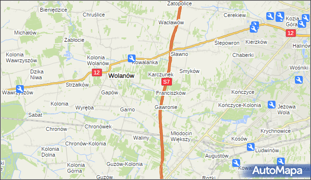 mapa Franciszków gmina Wolanów, Franciszków gmina Wolanów na mapie Targeo