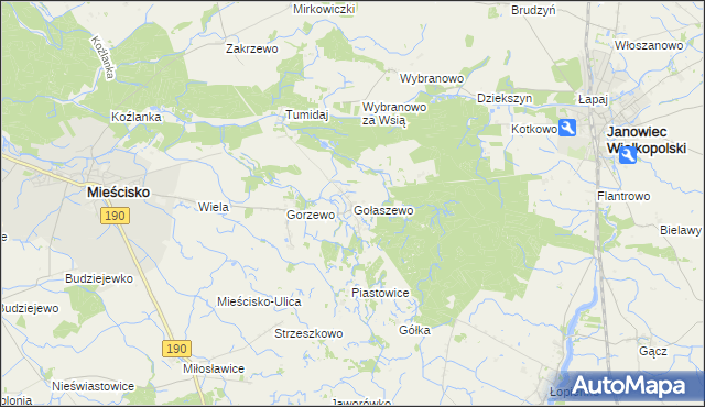 mapa Gołaszewo gmina Mieścisko, Gołaszewo gmina Mieścisko na mapie Targeo