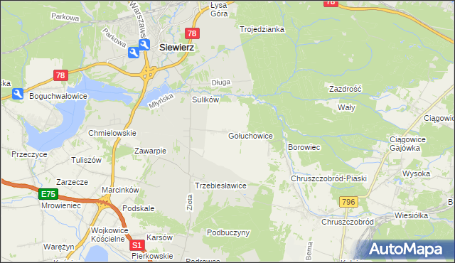 mapa Gołuchowice gmina Siewierz, Gołuchowice gmina Siewierz na mapie Targeo