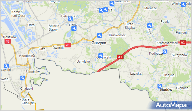 mapa Gorzyczki gmina Gorzyce, Gorzyczki gmina Gorzyce na mapie Targeo