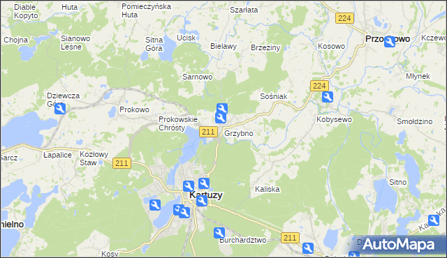 mapa Grzybno gmina Kartuzy, Grzybno gmina Kartuzy na mapie Targeo