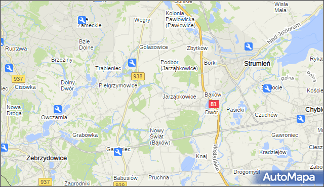mapa Jarząbkowice gmina Pawłowice, Jarząbkowice gmina Pawłowice na mapie Targeo