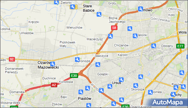 mapa Jawczyce gmina Ożarów Mazowiecki, Jawczyce gmina Ożarów Mazowiecki na mapie Targeo