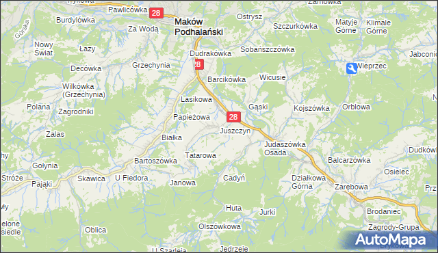 mapa Juszczyn gmina Maków Podhalański, Juszczyn gmina Maków Podhalański na mapie Targeo