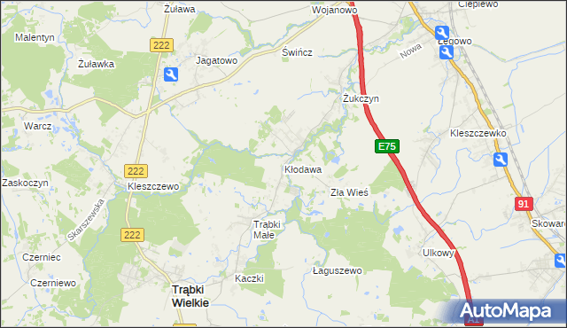 mapa Kłodawa gmina Trąbki Wielkie, Kłodawa gmina Trąbki Wielkie na mapie Targeo