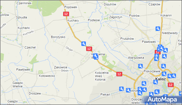 mapa Kościelna Wieś gmina Gołuchów, Kościelna Wieś gmina Gołuchów na mapie Targeo