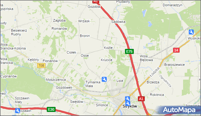 mapa Krucice gmina Stryków, Krucice gmina Stryków na mapie Targeo