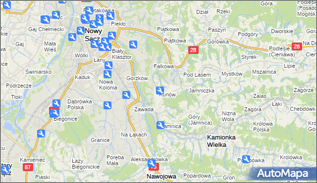 mapa Kunów gmina Chełmiec, Kunów gmina Chełmiec na mapie Targeo
