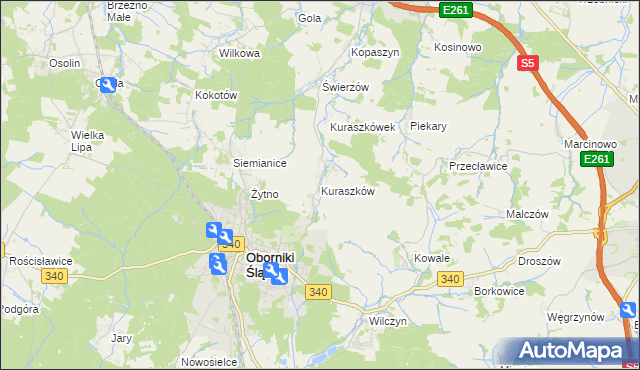 mapa Kuraszków gmina Oborniki Śląskie, Kuraszków gmina Oborniki Śląskie na mapie Targeo