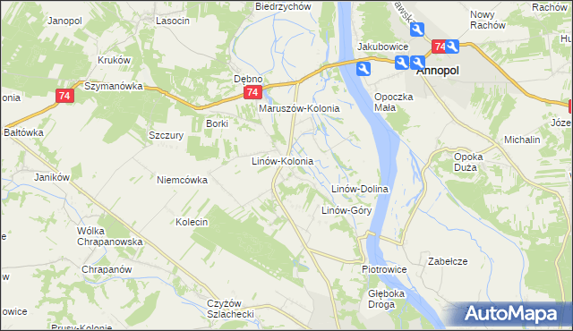 mapa Linów gmina Zawichost, Linów gmina Zawichost na mapie Targeo