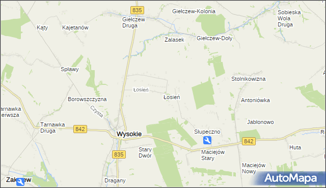mapa Łosień gmina Wysokie, Łosień gmina Wysokie na mapie Targeo