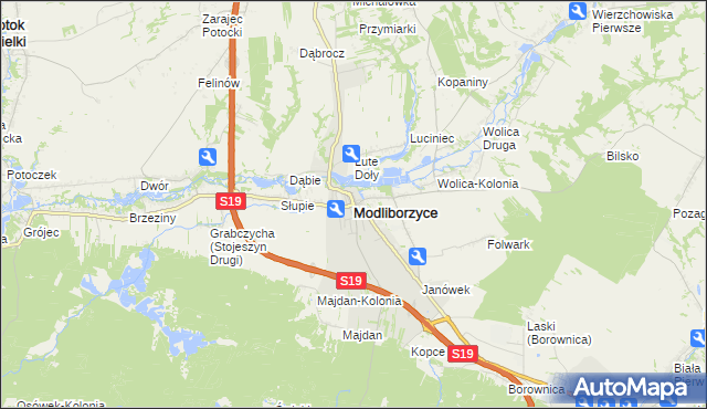 mapa Modliborzyce powiat janowski, Modliborzyce powiat janowski na mapie Targeo