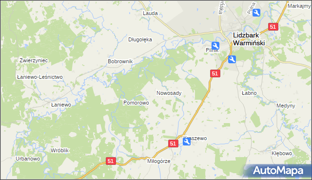 mapa Nowosady gmina Lidzbark Warmiński, Nowosady gmina Lidzbark Warmiński na mapie Targeo