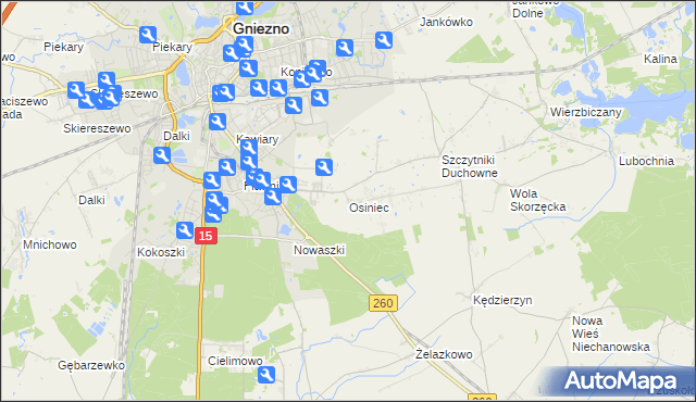 mapa Osiniec gmina Gniezno, Osiniec gmina Gniezno na mapie Targeo