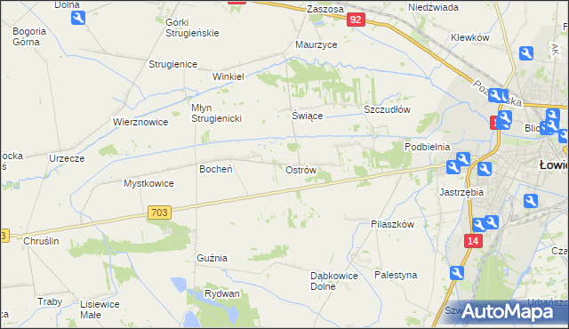 mapa Ostrów gmina Łowicz, Ostrów gmina Łowicz na mapie Targeo