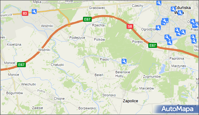 mapa Piaski gmina Zduńska Wola, Piaski gmina Zduńska Wola na mapie Targeo