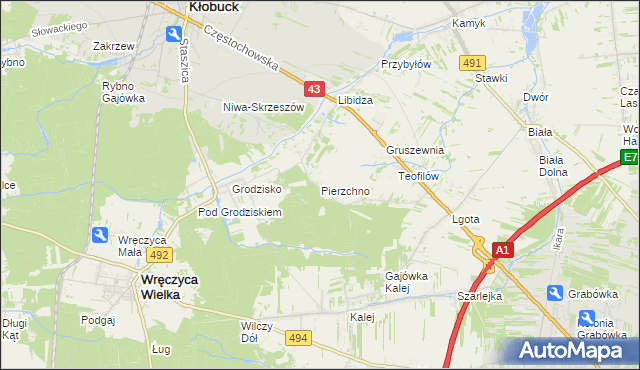 mapa Pierzchno gmina Wręczyca Wielka, Pierzchno gmina Wręczyca Wielka na mapie Targeo