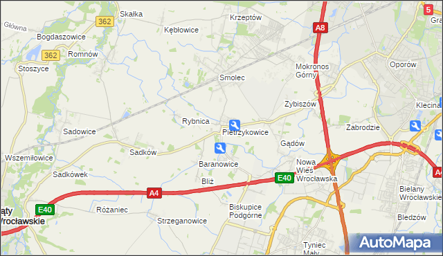 mapa Pietrzykowice gmina Kąty Wrocławskie, Pietrzykowice gmina Kąty Wrocławskie na mapie Targeo