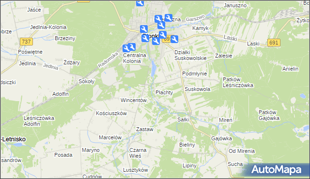 mapa Płachty gmina Pionki, Płachty gmina Pionki na mapie Targeo