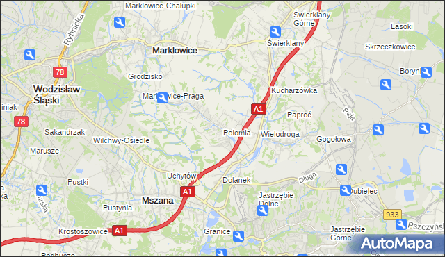 mapa Połomia gmina Mszana, Połomia gmina Mszana na mapie Targeo