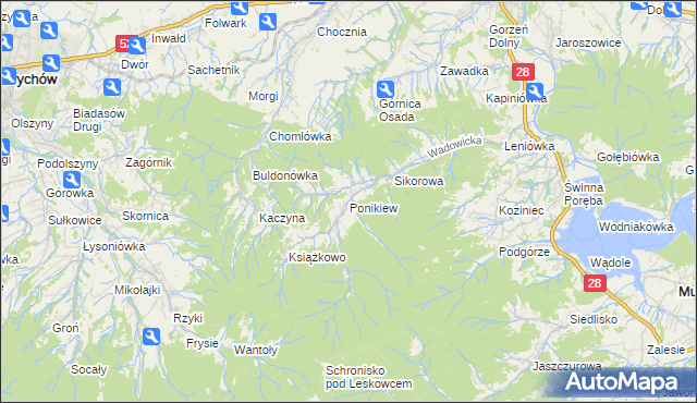 mapa Ponikiew gmina Wadowice, Ponikiew gmina Wadowice na mapie Targeo
