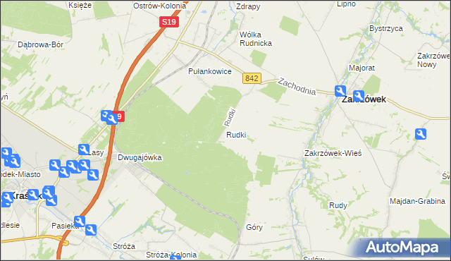 mapa Rudki gmina Zakrzówek, Rudki gmina Zakrzówek na mapie Targeo