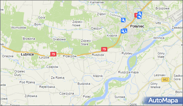 mapa Ruszcza gmina Połaniec, Ruszcza gmina Połaniec na mapie Targeo