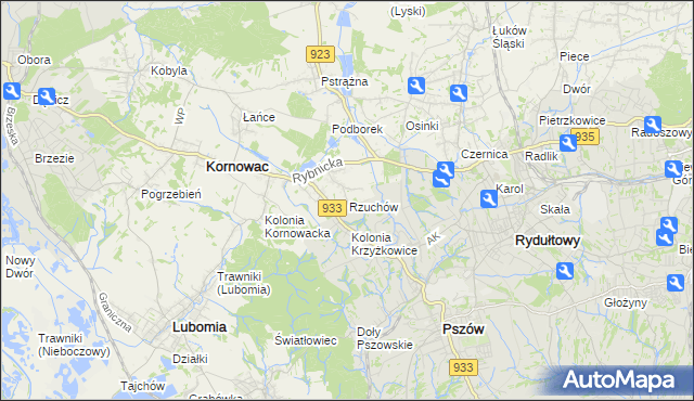 mapa Rzuchów gmina Kornowac, Rzuchów gmina Kornowac na mapie Targeo