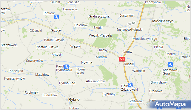 mapa Sarnów gmina Rybno, Sarnów gmina Rybno na mapie Targeo