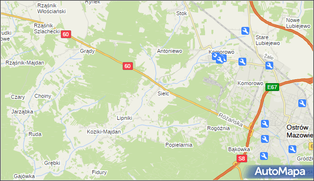 mapa Sielc gmina Ostrów Mazowiecka, Sielc gmina Ostrów Mazowiecka na mapie Targeo