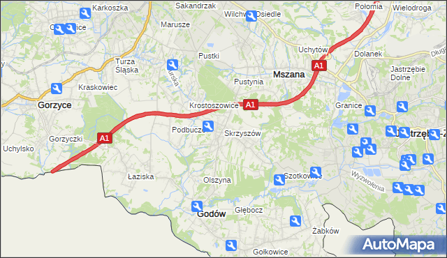 mapa Skrzyszów gmina Godów, Skrzyszów gmina Godów na mapie Targeo