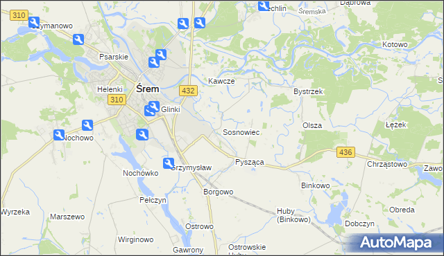 mapa Sosnowiec gmina Śrem, Sosnowiec gmina Śrem na mapie Targeo