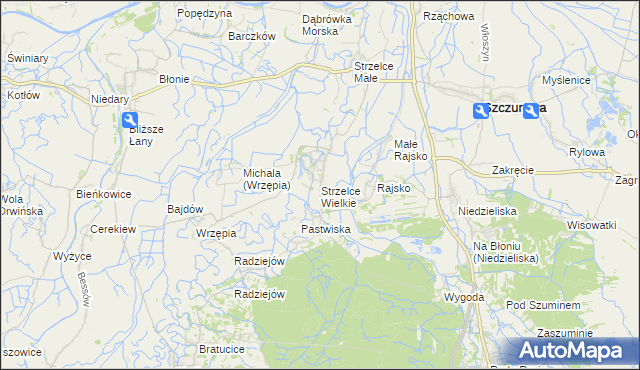 mapa Strzelce Wielkie gmina Szczurowa, Strzelce Wielkie gmina Szczurowa na mapie Targeo