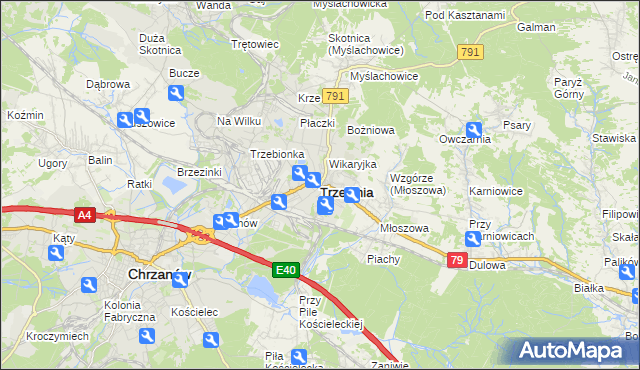 mapa Trzebinia powiat chrzanowski, Trzebinia powiat chrzanowski na mapie Targeo