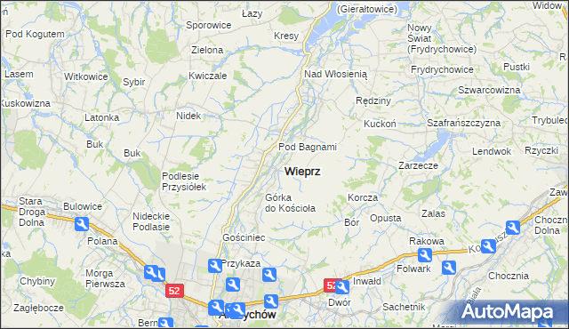mapa Wieprz powiat wadowicki, Wieprz powiat wadowicki na mapie Targeo