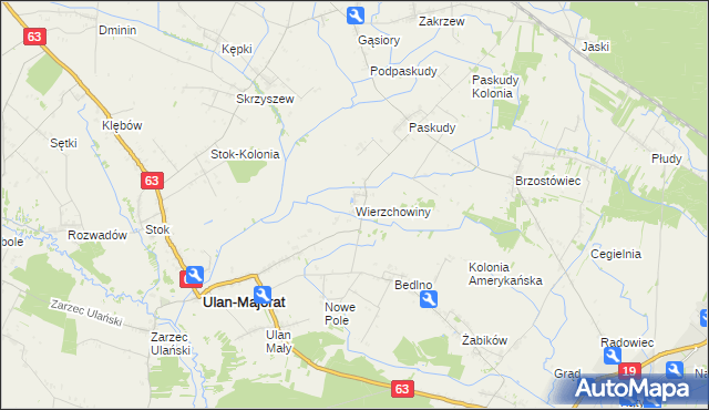 mapa Wierzchowiny gmina Ulan-Majorat, Wierzchowiny gmina Ulan-Majorat na mapie Targeo