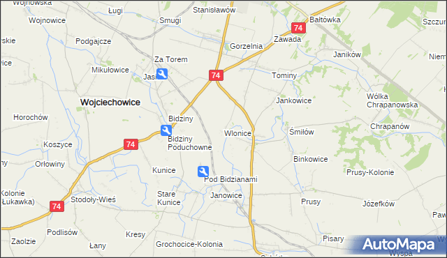mapa Wlonice gmina Wojciechowice, Wlonice gmina Wojciechowice na mapie Targeo