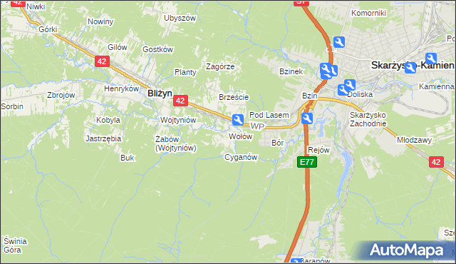 mapa Wołów gmina Bliżyn, Wołów gmina Bliżyn na mapie Targeo