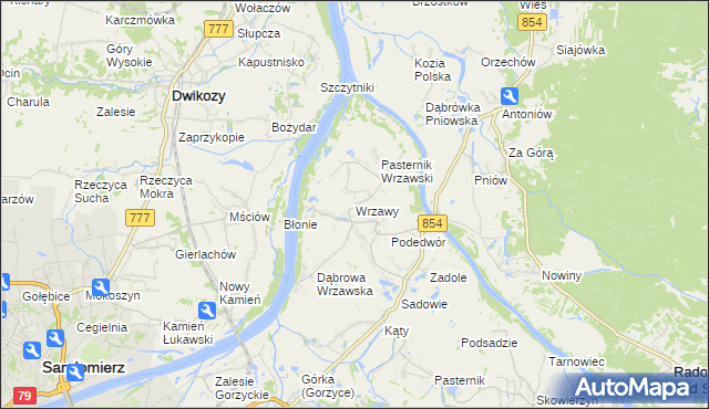 mapa Wrzawy gmina Gorzyce, Wrzawy gmina Gorzyce na mapie Targeo