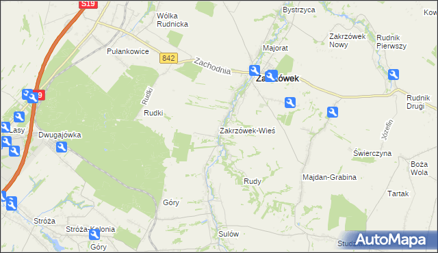 mapa Zakrzówek-Wieś gmina Zakrzówek, Zakrzówek-Wieś gmina Zakrzówek na mapie Targeo