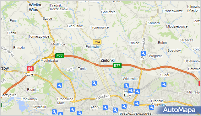 mapa Zielonki powiat krakowski, Zielonki powiat krakowski na mapie Targeo