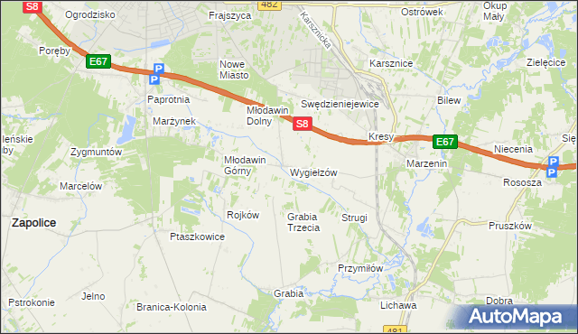 mapa Wygiełzów gmina Zapolice, Wygiełzów gmina Zapolice na mapie Targeo