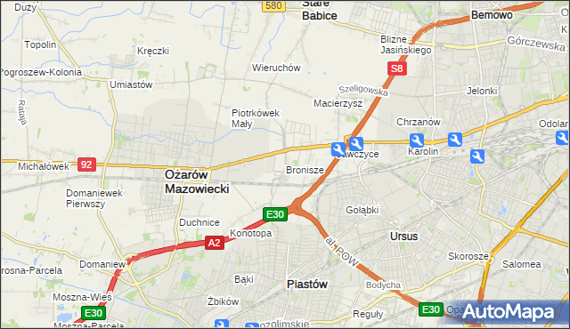 mapa Bronisze gmina Ożarów Mazowiecki, Bronisze gmina Ożarów Mazowiecki na mapie Targeo