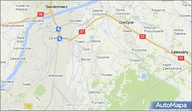 mapa Sokolniki gmina Gorzyce, Sokolniki gmina Gorzyce na mapie Targeo