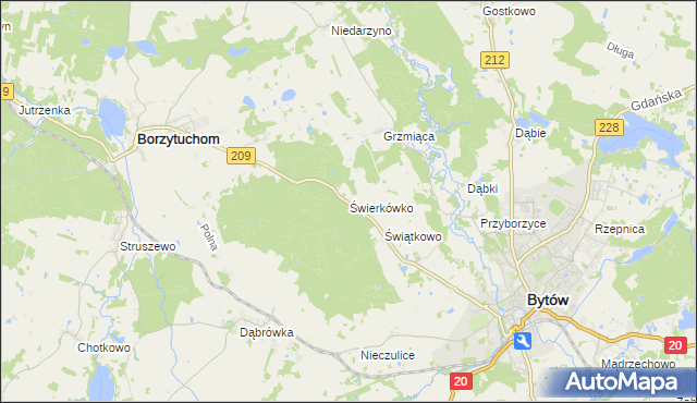 mapa Świerkówko gmina Bytów, Świerkówko gmina Bytów na mapie Targeo