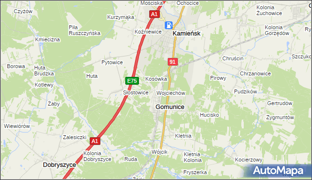 mapa Wojciechów gmina Gomunice, Wojciechów gmina Gomunice na mapie Targeo