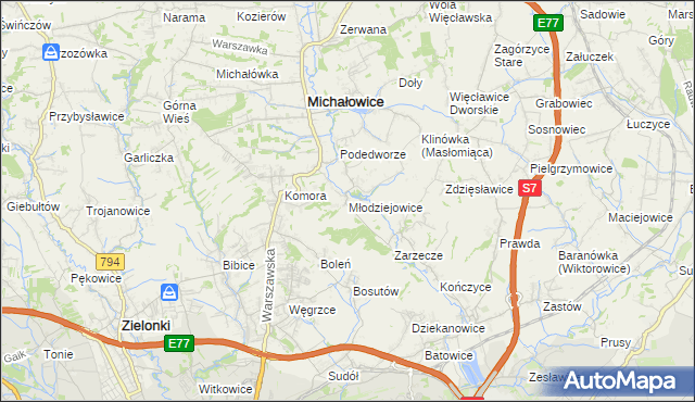 mapa Młodziejowice gmina Michałowice, Młodziejowice gmina Michałowice na mapie Targeo