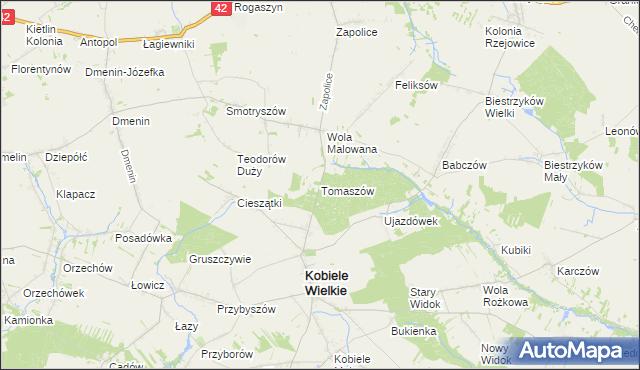 mapa Tomaszów gmina Kobiele Wielkie, Tomaszów gmina Kobiele Wielkie na mapie Targeo