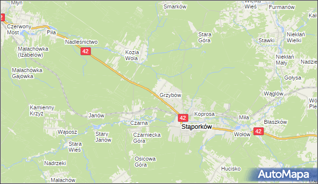 mapa Grzybów gmina Stąporków, Grzybów gmina Stąporków na mapie Targeo