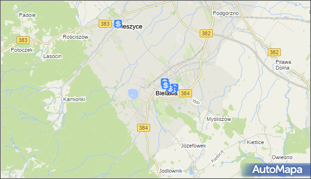 mapa Bielawa powiat dzierżoniowski, Bielawa powiat dzierżoniowski na mapie Targeo